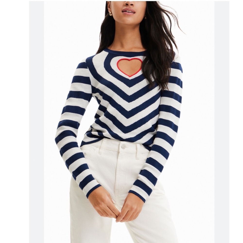 Desigual Navy Blue White Striped Heart Cutout Long Sleeve Sweater Large